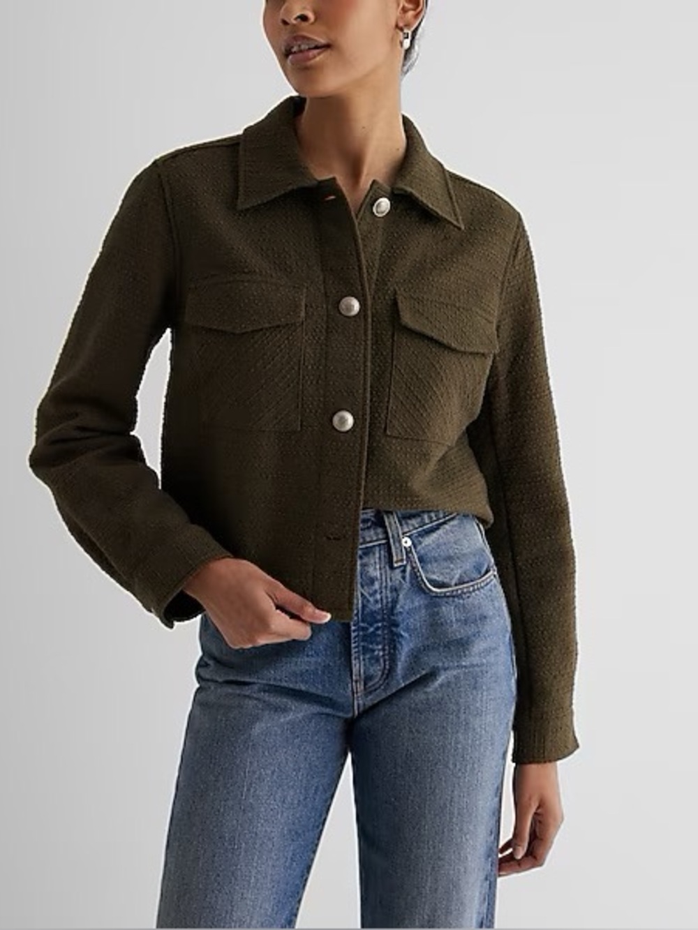 Express Tweed Novelty Button Cropped Shacket Olive Green XS